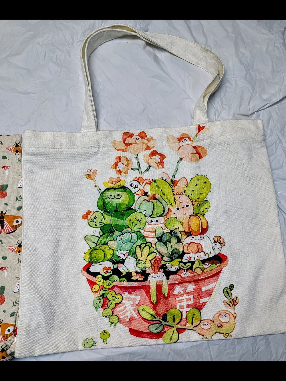 Cute Moth & Succulent Canvas Tote Bag Duo - Beige, White, Green, Tan, Red